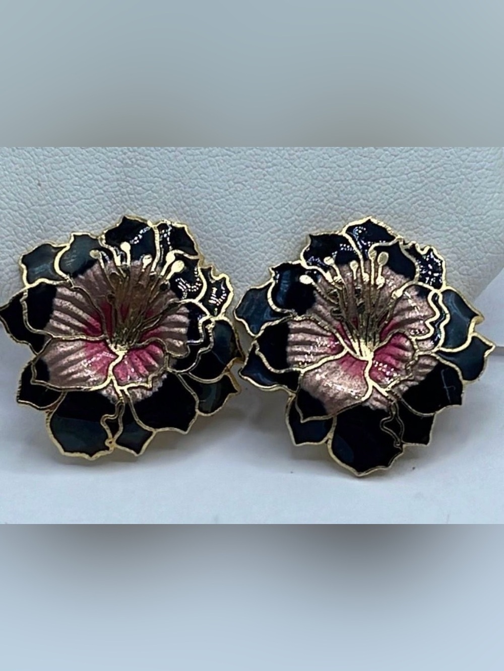 Vintage Cloisonné Black and Pink Floral Enamel Clip-on Earrings